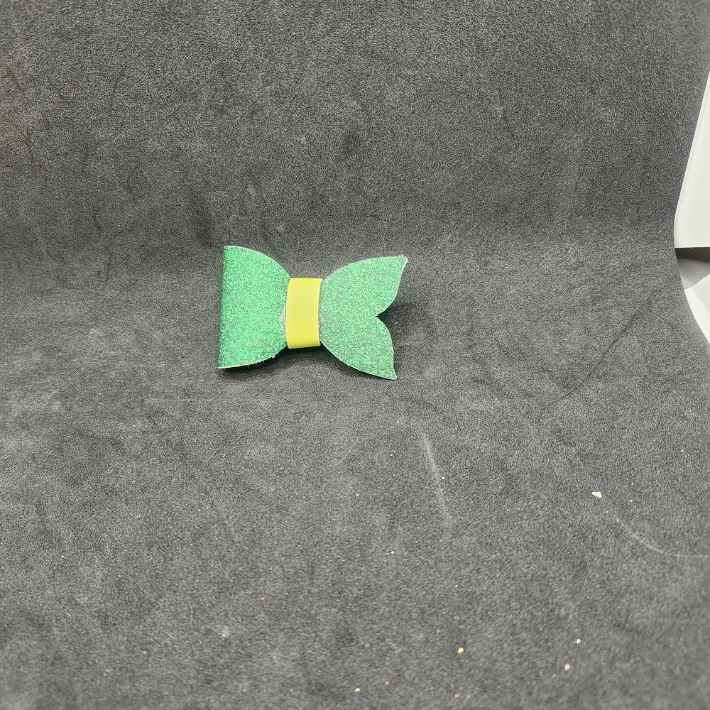 Hand Crafted Green Glitter Hair Bow with Yellow Accent Faux Leather
